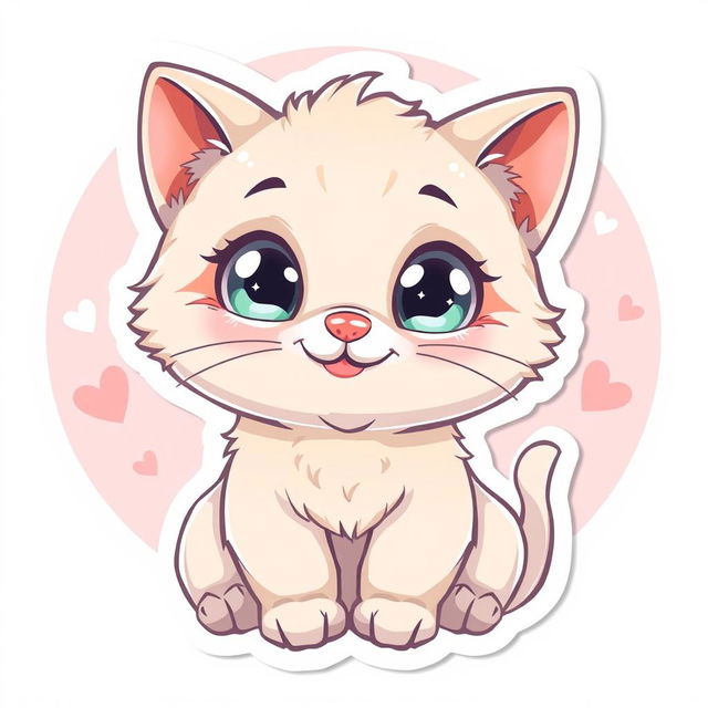 A cute cartoon-style sticker of an adorable cat with big sparkling eyes, fluffy fur, and a playful expression