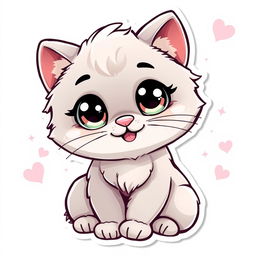 A cute cartoon-style sticker of an adorable cat with big sparkling eyes, fluffy fur, and a playful expression
