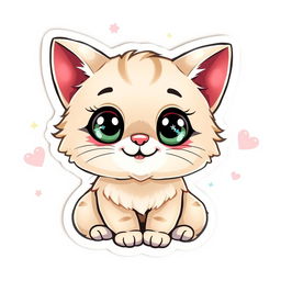 A cute cartoon-style sticker of an adorable cat with big sparkling eyes, fluffy fur, and a playful expression