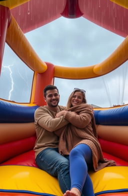 A cozy scene inside a bounce house during a storm, featuring a man and a woman cuddled up together
