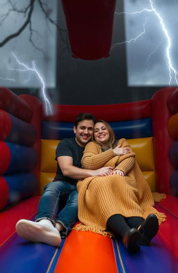 A cozy scene inside a bounce house during a storm, featuring a man and a woman cuddled up together