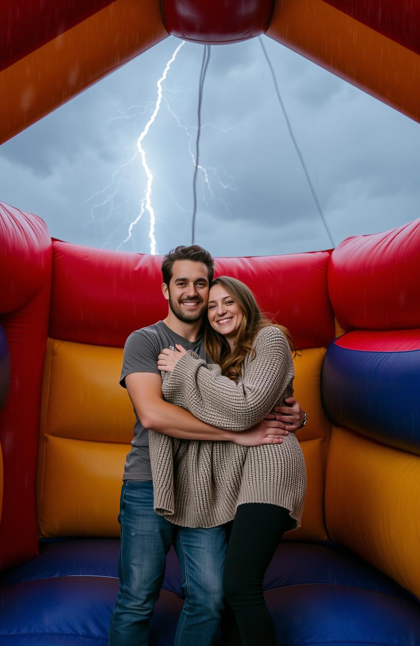 A cozy scene inside a bounce house during a storm, featuring a man and a woman cuddled up together