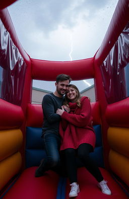 A cozy scene inside a bounce house during a storm, featuring a man and a woman cuddled up together