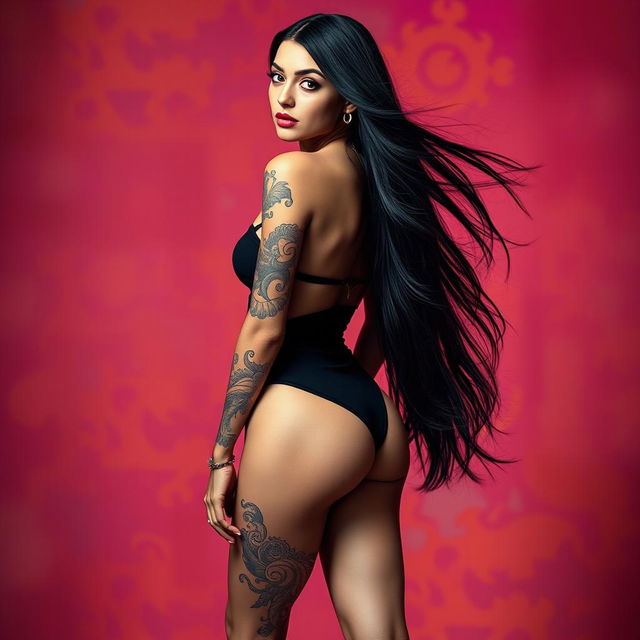 A full-body portrait of an elegant woman with a slender physique, featuring intricate tattoos on her arms and legs