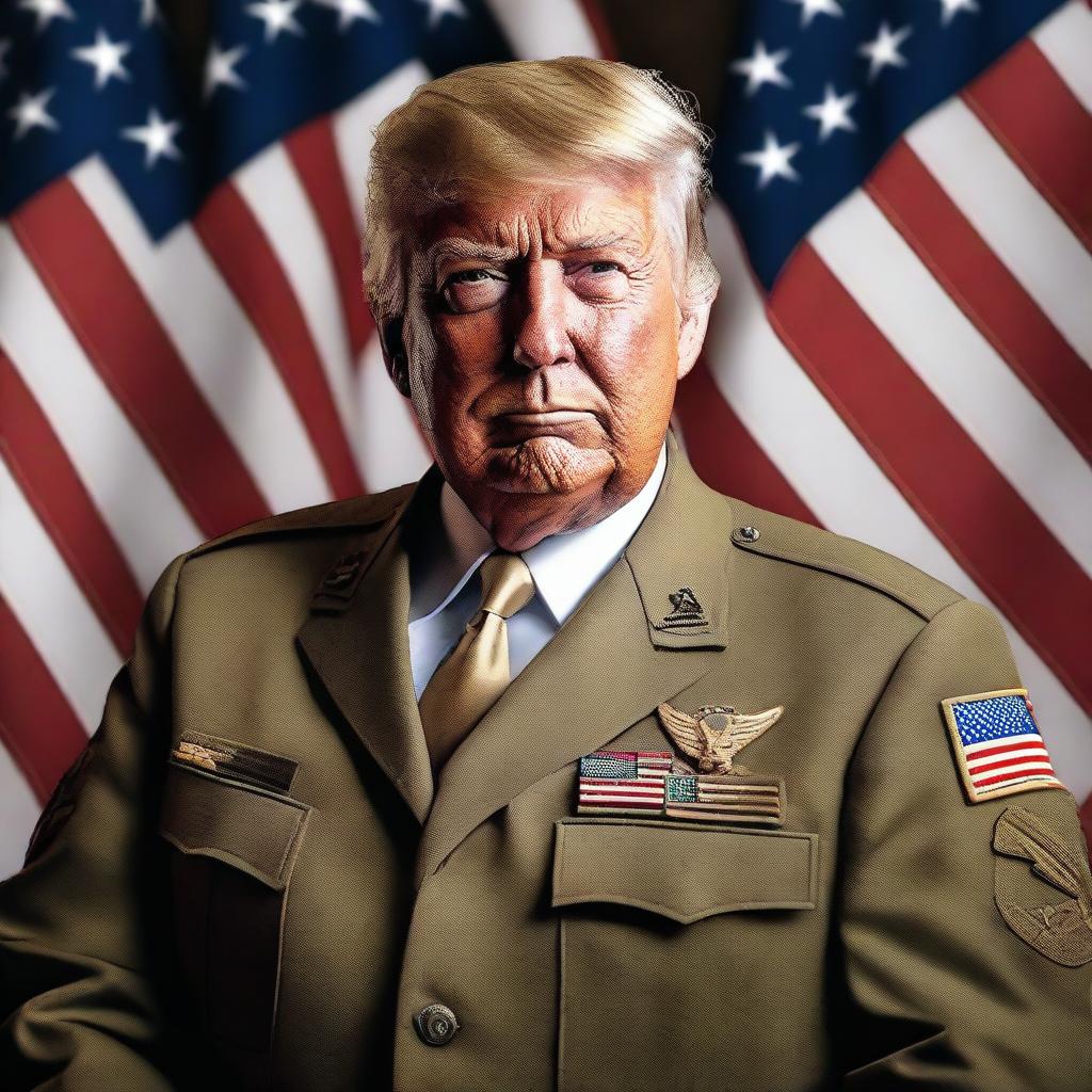 A high-quality, realistic digital art image depicting Donald Trump as a USA Army leader