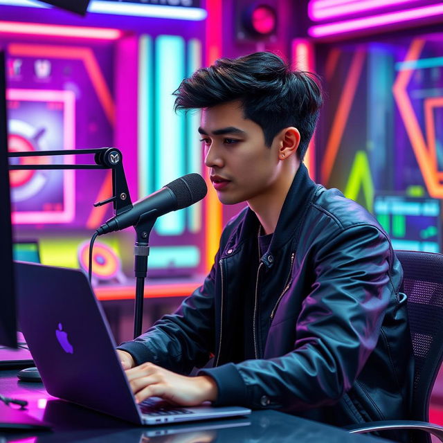 A 21-year-old man sitting at a computer desk, wearing a stylish black jacket, with black hair