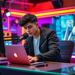 A 21-year-old man sitting at a computer desk, wearing a stylish black jacket, with black hair