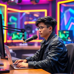 A 21-year-old man sitting at a computer desk, wearing a stylish black jacket, with black hair
