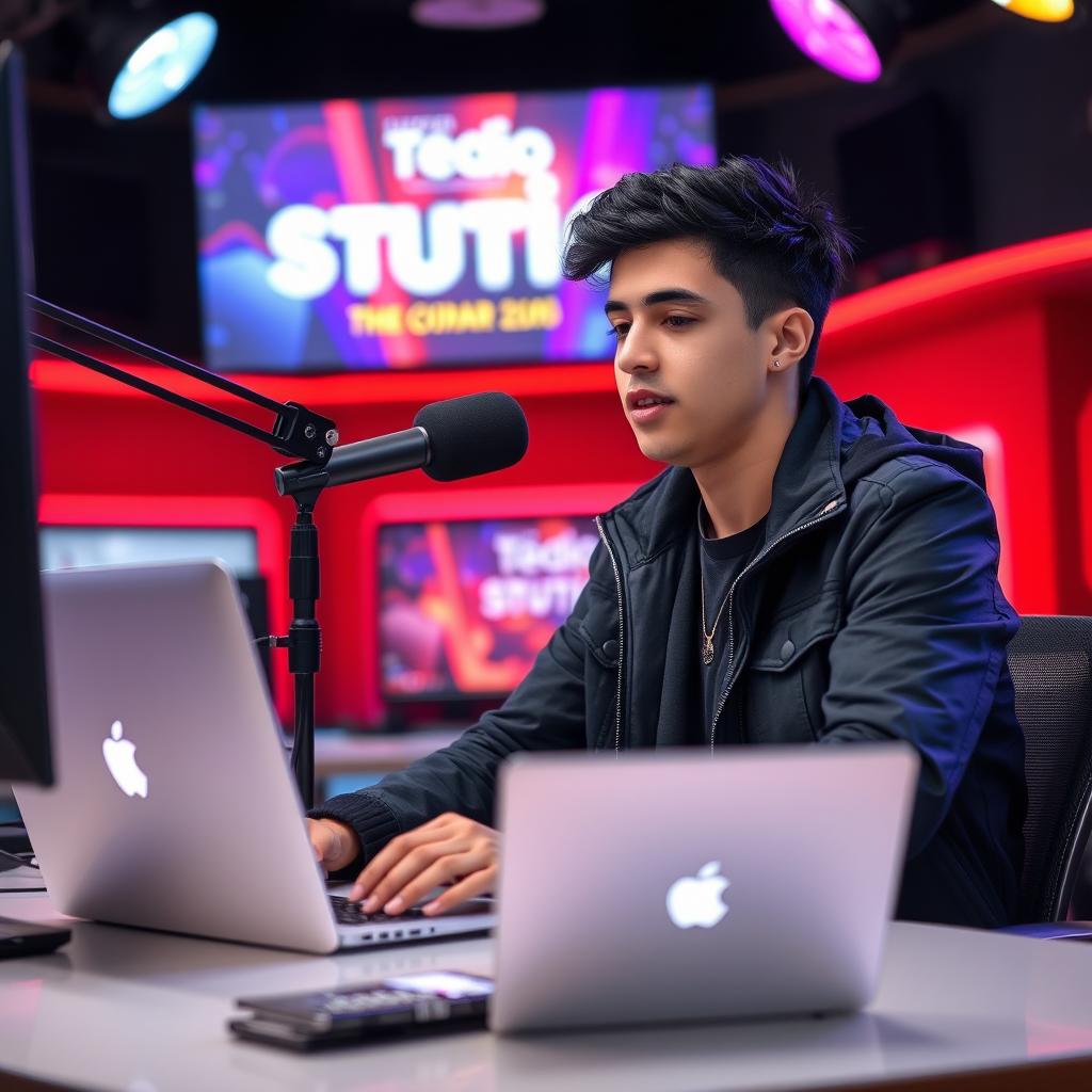 A 21-year-old man sitting at a computer desk, wearing a stylish black jacket, with black hair