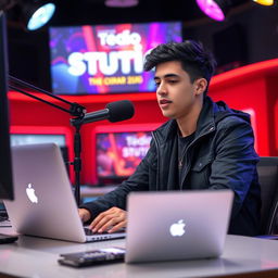 A 21-year-old man sitting at a computer desk, wearing a stylish black jacket, with black hair