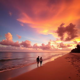 A vibrant sunset over a serene beach, with golden sand and gentle waves lapping at the shore