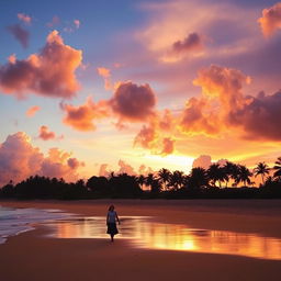 A vibrant sunset over a serene beach, with golden sand and gentle waves lapping at the shore