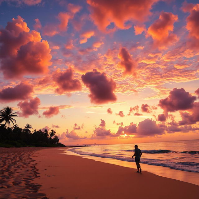 A vibrant sunset over a serene beach, with golden sand and gentle waves lapping at the shore