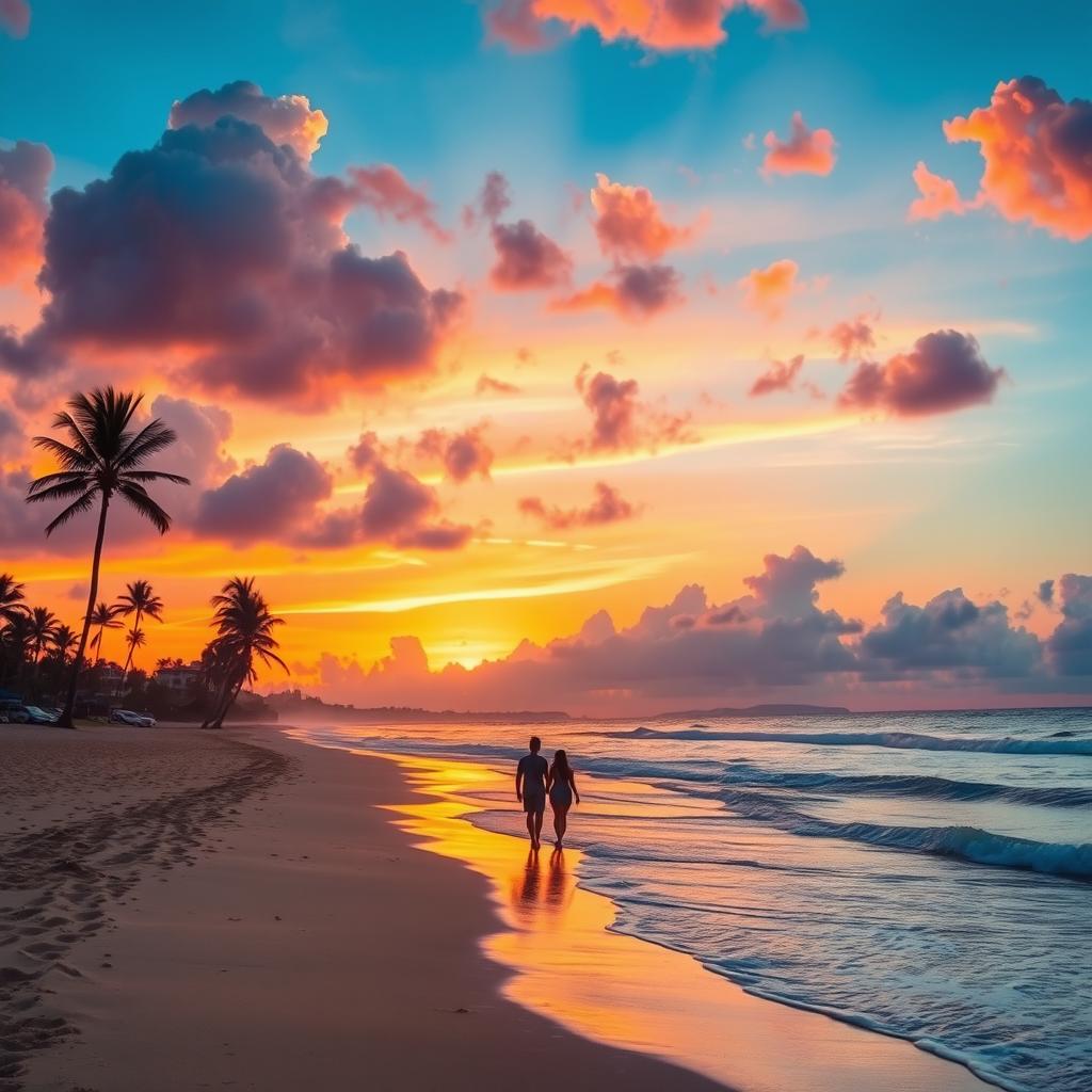 A vibrant sunset over a serene beach, with golden sand and gentle waves lapping at the shore