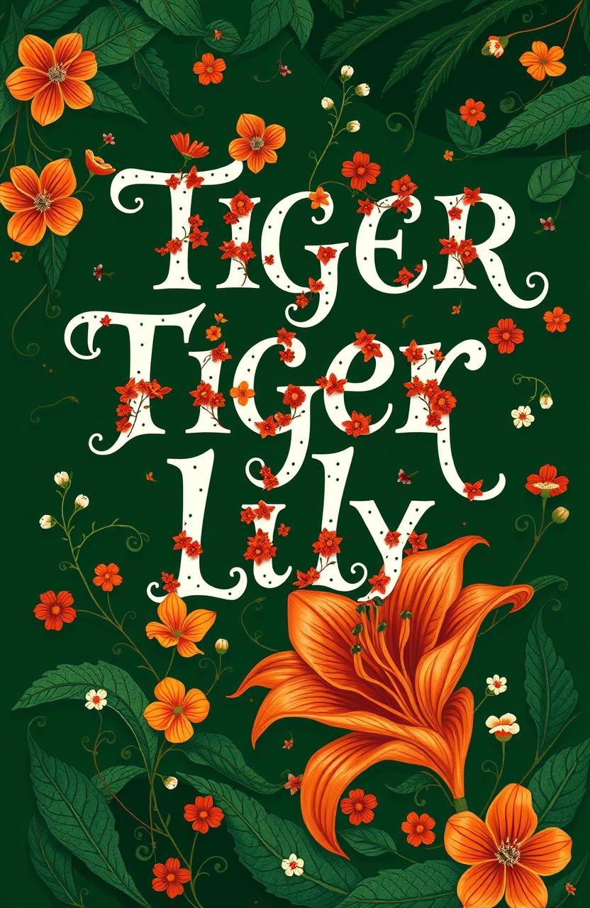 A typographic book cover design titled 'Tiger Lily', featuring a floral and mysterious theme