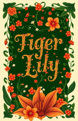 A typographic book cover design titled 'Tiger Lily', featuring a floral and mysterious theme