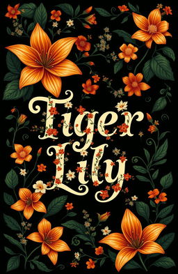 A typographic book cover design titled 'Tiger Lily', featuring a floral and mysterious theme