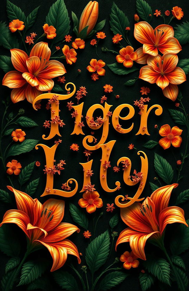 A typographic book cover design titled 'Tiger Lily', featuring a floral and mysterious theme