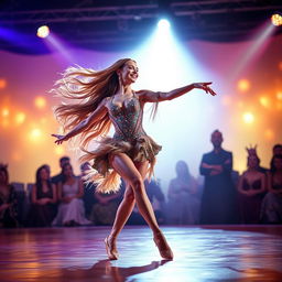 A beautiful dancer performing a captivating and graceful dance on stage, with flowing long hair and a sparkling costume adorned with sequins and feathers