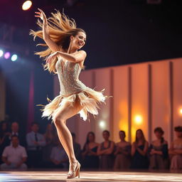 A beautiful dancer performing a captivating and graceful dance on stage, with flowing long hair and a sparkling costume adorned with sequins and feathers