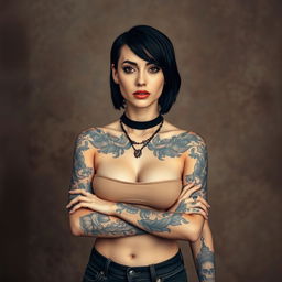 A full-body portrait of a woman with fair skin, featuring a variety of intricate tattoos adorning her arms and shoulders