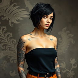 A full-body portrait of a woman with fair skin, featuring a variety of intricate tattoos adorning her arms and shoulders