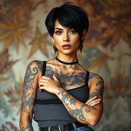 A full-body portrait of a woman with fair skin, featuring a variety of intricate tattoos adorning her arms and shoulders