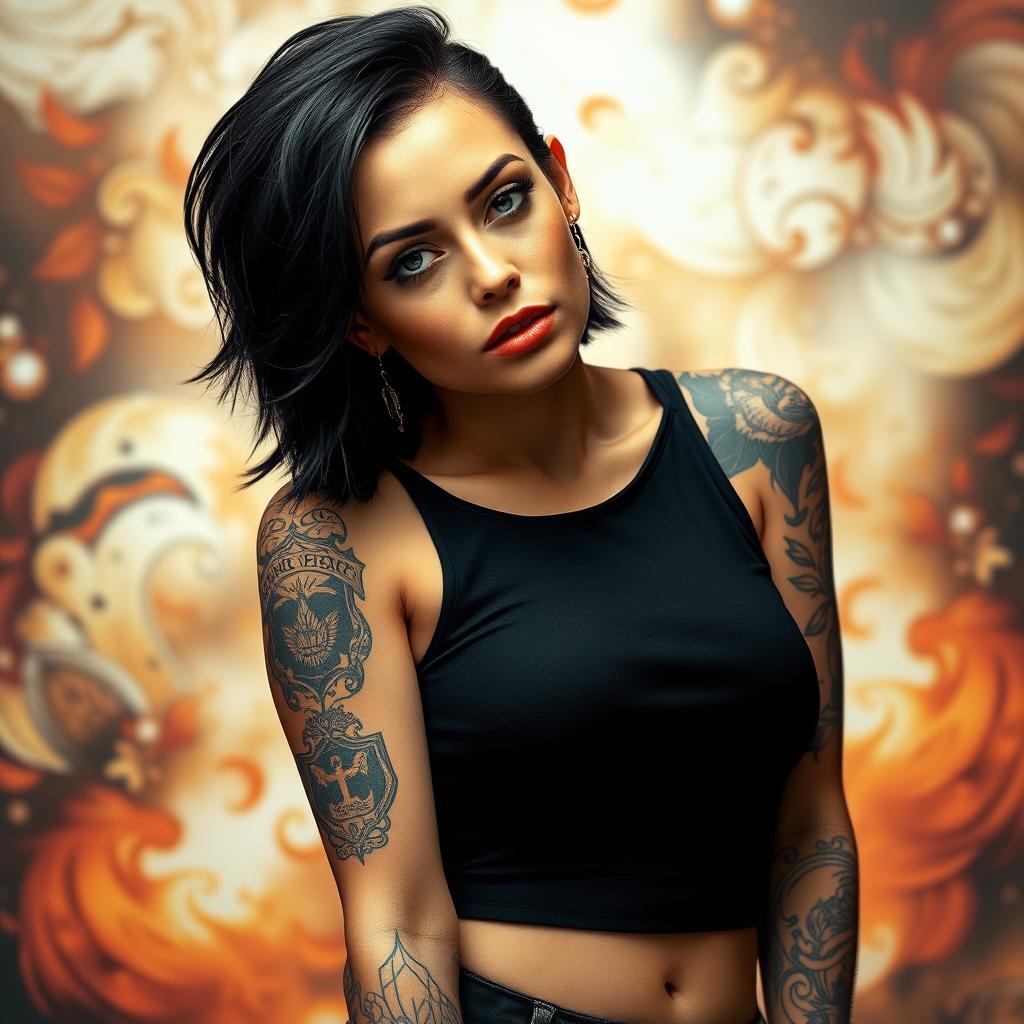 A full-body portrait of a woman with fair skin, featuring a variety of intricate tattoos adorning her arms and shoulders