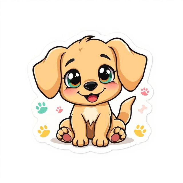 A cute cartoon-style sticker of an adorable dog with big, expressive eyes and floppy ears, showcasing a friendly and playful demeanor