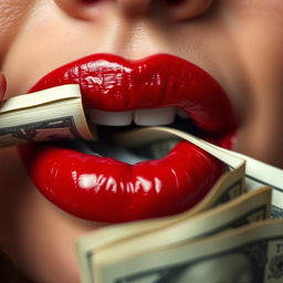 Close-up of luscious red lips playfully biting a stack of cash