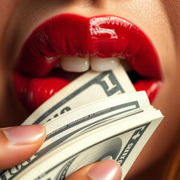 Close-up of luscious red lips playfully biting a stack of cash