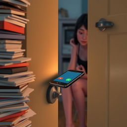 A 3D animation scene featuring a close-up of a smartphone vibrating on a cluttered door, with various items scattered around it