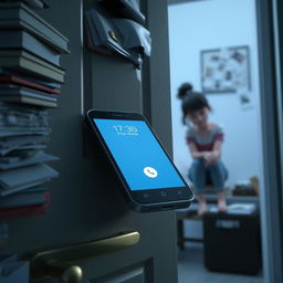 A 3D animation scene featuring a close-up of a smartphone vibrating on a cluttered door, with various items scattered around it