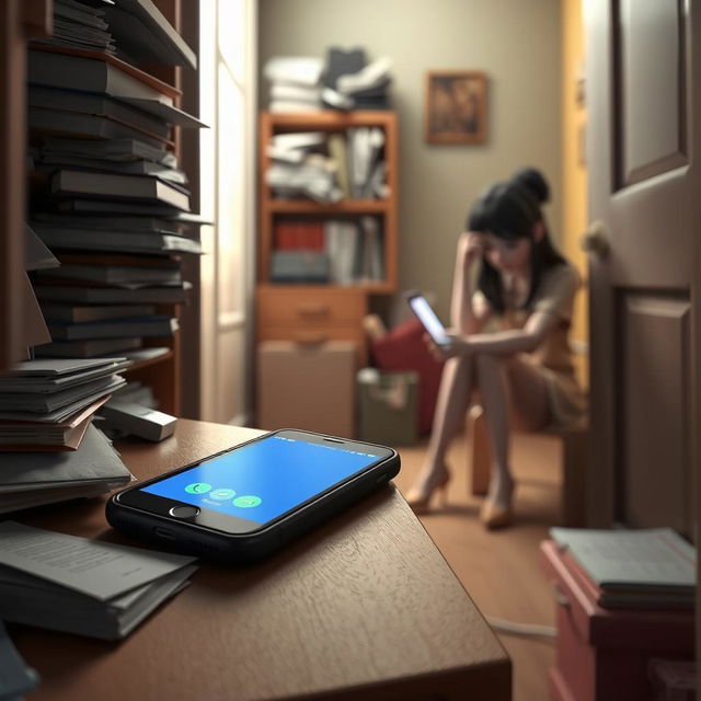 A 3D animation scene featuring a close-up of a smartphone vibrating on a cluttered door, with various items scattered around it