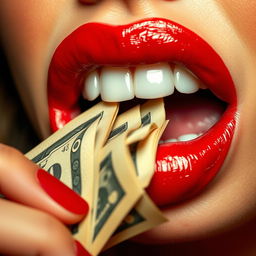 A close-up image of luscious red lips playfully biting a stack of cash