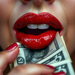 A close-up image of luscious red lips playfully biting a stack of cash