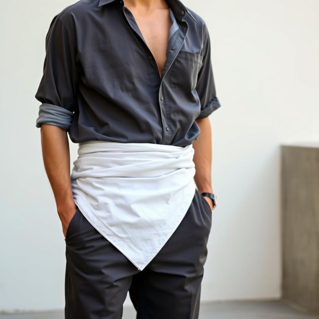 A man wearing a square-shaped cotton cloth wrapped around his lower body, showcasing a casual yet unique outfit