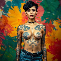 A full-body portrait of a woman with fair skin, showcasing multiple intricate tattoos on her arms and chest