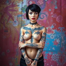A full-body portrait of a woman with fair skin, showcasing multiple intricate tattoos on her arms and chest