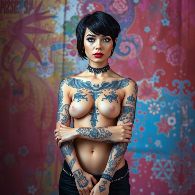 A full-body portrait of a woman with fair skin, showcasing multiple intricate tattoos on her arms and chest