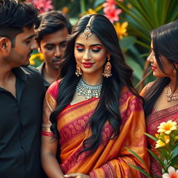 A beautiful Indian woman surrounded by her lovers, embodying elegance and grace