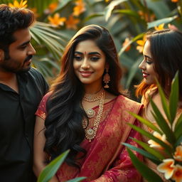 A beautiful Indian woman surrounded by her lovers, embodying elegance and grace
