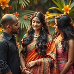 A beautiful Indian woman surrounded by her lovers, embodying elegance and grace