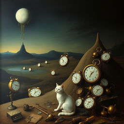 A surreal artwork inspired by Salvador Dali's 'The Persistence of Memory,' featuring a dreamlike landscape characterized by dark colors and a haunting atmosphere