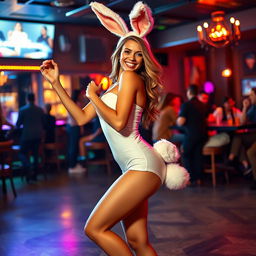 A stunning woman dancing gracefully in a trendy bar, wearing a playful bunny costume complete with fluffy ears and a stylish tail