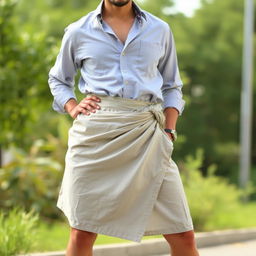 A man dressed in a square-shaped cotton fabric resembling a skirt wrapped around his lower body
