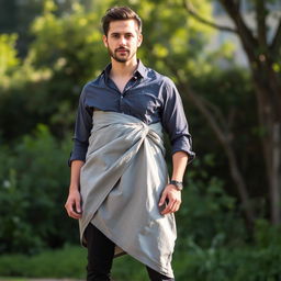 A man dressed in a square-shaped cotton fabric resembling a skirt wrapped around his lower body