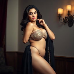 A captivating portrait of a stunning Pakistani woman, Shazia, showcasing her curvy and voluptuous body with an elegant and confident pose