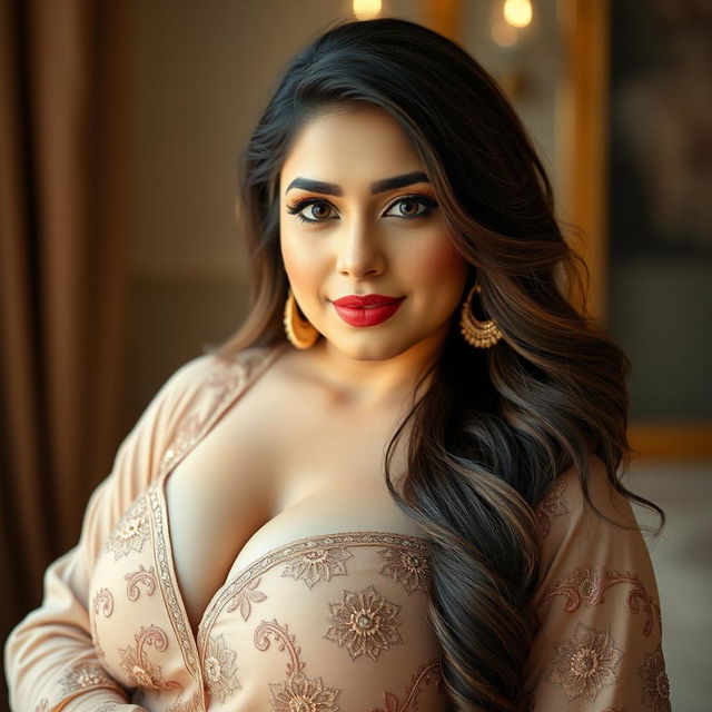 A captivating portrait of a stunning Pakistani woman, Shazia, showcasing her curvy and voluptuous body with an elegant and confident pose