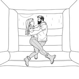 A minimalist line drawing depicting a shoulder length blonde woman with subtle floral tattoos on her arms playfully wrestling with a bearded, slightly stocky man inside a brightly colored bounce house